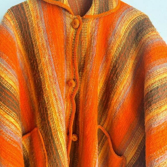 Vintage Wool Bright Orange Brown Striped Poncho w Patch Pockets OS - Picture 8 of 9